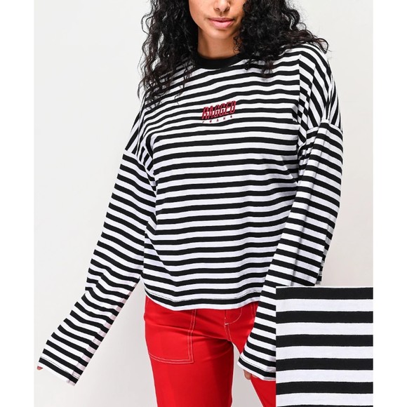 Ragged Jeans Dogma Black & White Striped Crop Long Sleeve T-Shirt XL Crewneck - Picture 1 of 9